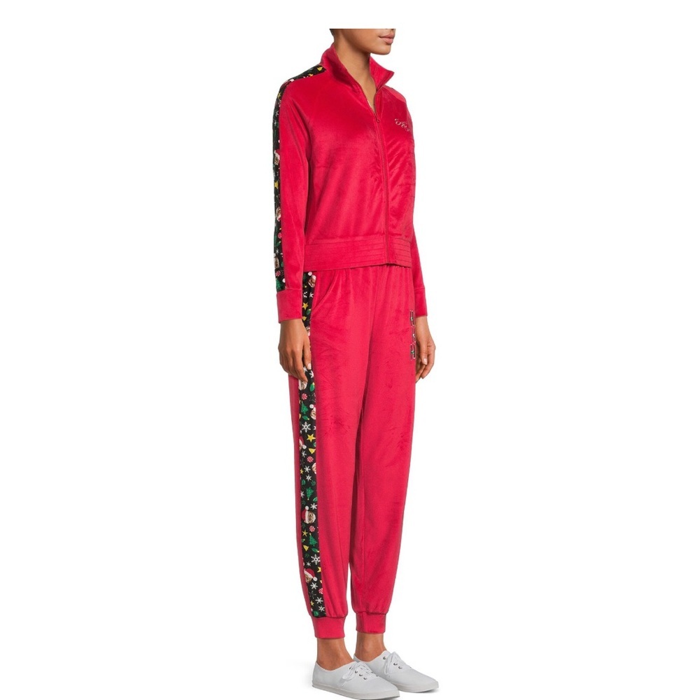 Red plush cozy velour sequin metallic embroidered jacket joggers set size Small